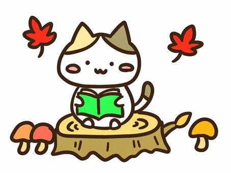 秋に切り株で読書を楽しむかわいい三毛猫 秋,切り株,読書のイラスト素材
