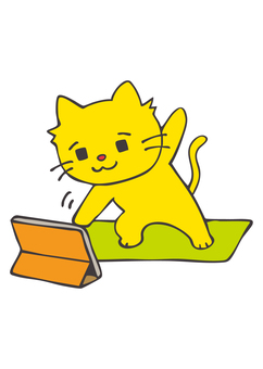 DI_C04_どうがでよが DI_C04_どうがでよが 猫,タブレット,ヨガ,ストレッチ,エクササイズ,オンラインレッスン,デジタルライフ,ヘルスケア,てがきのイラスト素材