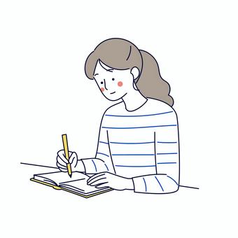 ノートに書き込む女性 女性,学生,社会人,勉強,学習,メモ,ノート,ペン,座る,作業のイラスト素材