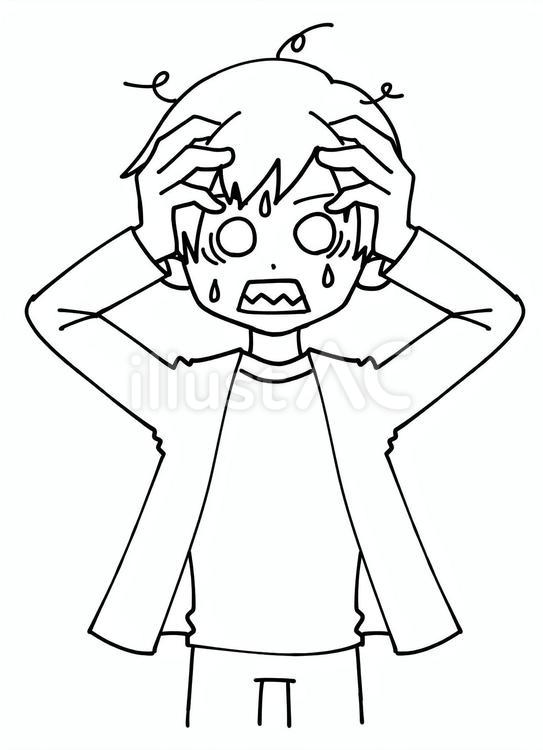男の子ポーズ　ヤバイと思い焦る　線画 焦る,ヤバイ,心配のイラスト素材