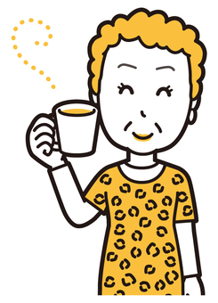  大阪のおばちゃん(黄)-013-バスト コーヒー,おばちゃん,大阪,ヒョウ柄,おばはん,中年,女性,関西,派手,おばさんのイラスト素材