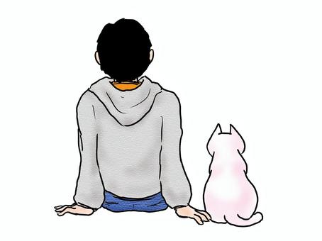 人と動物の後ろ姿 人物,大人,男性,パーカー,後ろ姿,動物,ネコ,白猫,全身,手書きのイラスト素材