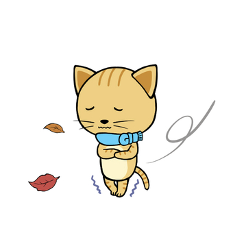 木枯らしに寒がる茶トラ猫 猫,茶トラ,寒い,寒がる,マフラー,木枯らし,北風,風,冬,かわいいのイラスト素材