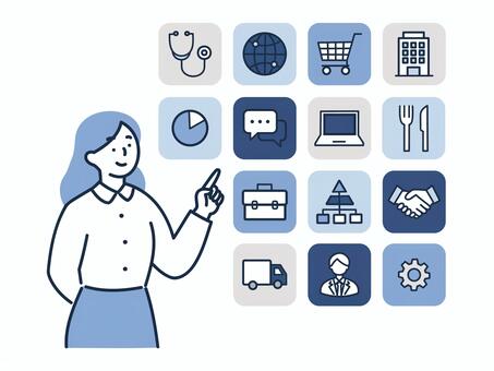 幅広い業界と業務を指し示す女性 人物,女性,ビジネス,業界,業務,多様,アイコン,指差し,説明,仕事のイラスト素材