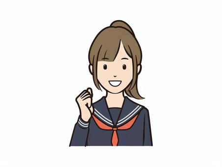 ガッツポーズで笑顔のセーラ服女子 学生,女子高生,中学生,セーラー服,女性,女の子,ガッツポーズ,励まし,やる気,元気のイラスト素材