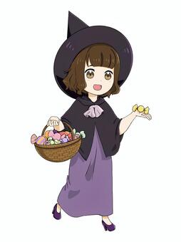 とりっくおあとりーと トリックオアトリート,あめ,秋,ハロウィン,魔女,かご,女性,お菓子配り,紫,幸せのイラスト素材