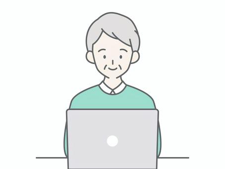 パソコンを操作するシニア男性 人物,男,祖父,おじいちゃん,老人,高齢者,お年寄り,シニア,白髪,パソコンのイラスト素材