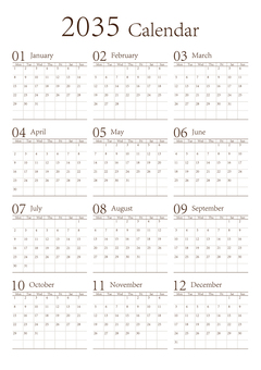 月曜始まりの年間カレンダー2035年A4 月曜始まり,カレンダー,2035,2035年カレンダー,年間,1年,1月,2月,3月,4月のイラスト素材