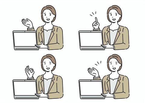 パソコンの画面を見せる女性 パソコン,仕事,ビジネス,女性,ビジネスウーマン,スーツ,空白,空欄,フレーム,pcのイラスト素材