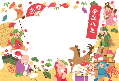 2025七福神船フレーム① 年賀状,令和8年,2026年,馬,午,神様,七福神,恵比寿,毘沙門天,鶴のイラスト素材