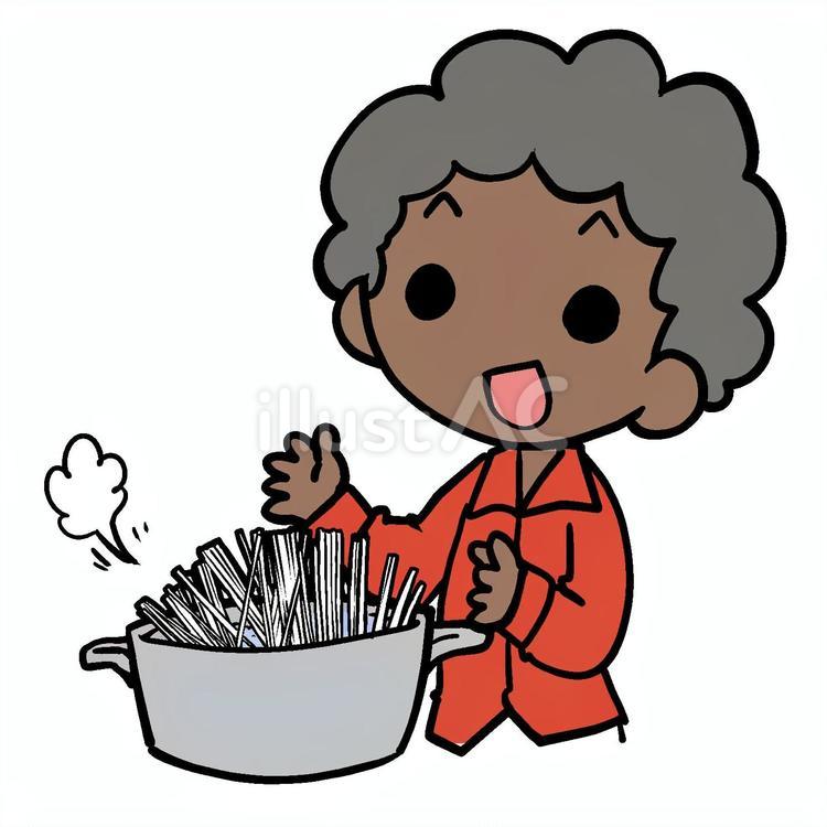 麺を鍋でゆでるアフロ男性 アフロ,麺,ゆでるのイラスト素材