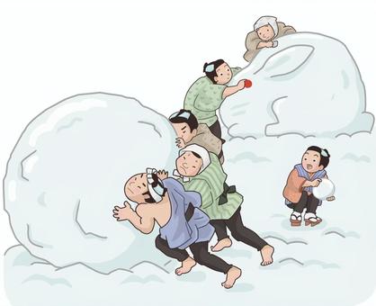 江戸時代　冬の子ども雪遊び 江戸時代,雪,子ども,雪だるま,大きい,転がす,雪うさぎ,遊び,はだし,頑張るのイラスト素材