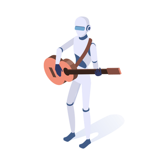 Guitar _ musical instrument _ artificial intelligence, Guitar _ musical instrument _ artificial intelligence, isometric, intelijen artifisial, robot,