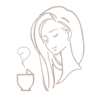 淡い線画のカフェタイム大人女子 コーヒー,お茶,リラックス,一息,休憩,ブレイクタイム,ティータイム,女性,美人,綺麗のイラスト素材