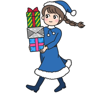 ブルーサンタの衣装でプレゼントを運ぶ女子 サンタ,サンタクロース,コスプレ,クリスマス,プレゼント,箱,リボン,ワンピース,ブーツ,三つ編みのイラスト素材