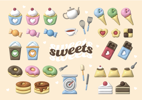 スイーツいろいろ ぷっくりver. スイーツ,お菓子,お菓子作り,料理,カップケーキ,ケーキ,ショートケーキ,チョコケーキ,プリン,クッキーのイラスト素材