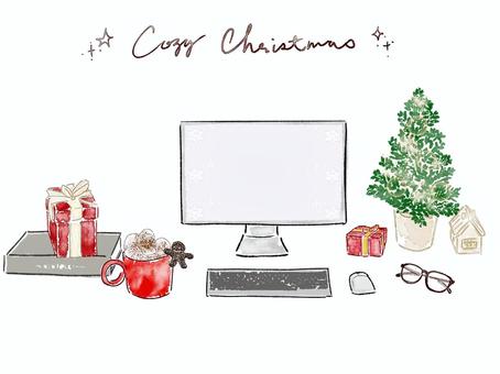 PC　クリスマス　ツリー　ドリンク　机 クリスマス,pc,ツリー,ジンジャーブレッド,マシュマロ,めがね,プレゼント,本,コーヒー,仕事のイラスト素材