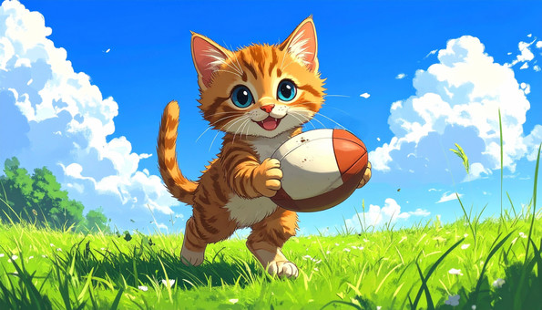 ラグビーボールで遊ぶ猫