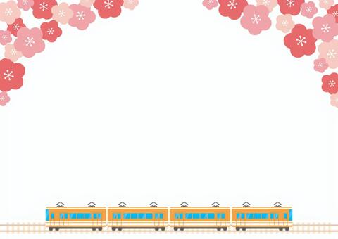 梅の花が咲く春の列車旅行の背景2 梅の花,電車,背景,梅,春,旅行,横,横向き,壁紙,フレームのイラスト素材