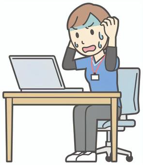  訪問看護師女性-100-全身 パソコン,びっくり,訪問看護師,看護師,女性,医療,病院,介護,ナース,在宅看護のイラスト素材