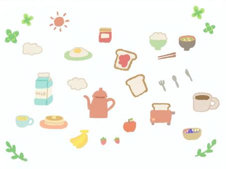 朝の朝食イラスト 朝食,料理,手描き,かわいい,主線なし,線なし,ティーポット,ご飯,味噌汁,トースターのイラスト素材