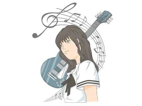 音楽でバンドのギター担当の女子高生 音楽,楽器,ギター,軽音楽部,音符,楽譜,部活,バンド,高校生,演奏のイラスト素材