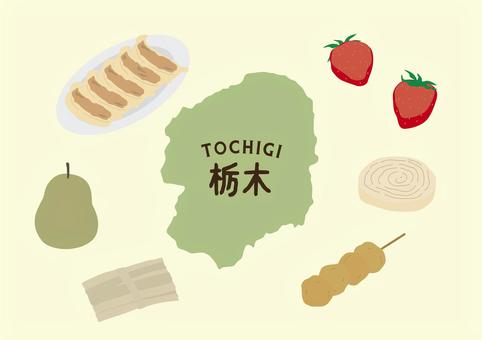 栃木イラストセット 栃木,餃子,かんぴょう,いちご,いもフライ,ゆば,地図,ご当地,観光地,グルメのイラスト素材
