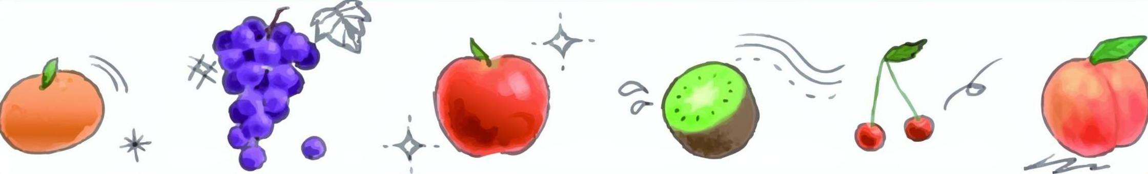 かわいい手描きの水彩タッチの果物 フルーツ,果物,水彩風,手描き,かわいい,やさしい,カラフル,みかん,ぶどう,りんごのイラスト素材