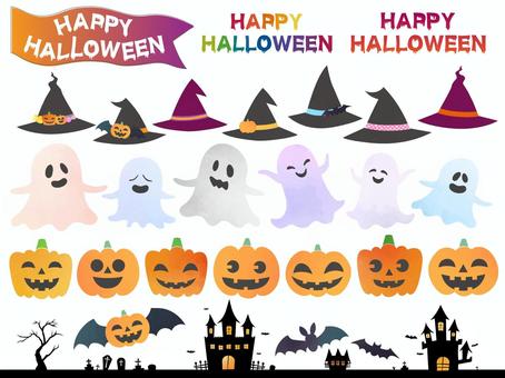 ハロウィンセット01 ハロウィン,ジャックオーランタン,パンプキン,トリックオアトリート,キャンディー,コウモリ,水彩,あしらい,グラデーション,墓場のイラスト素材