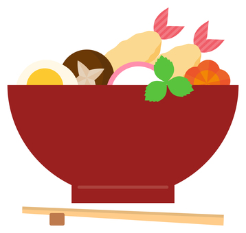 年越しそばとお箸02 年越しそば,天ぷらそば,蕎麦,麺類,食べ物,人参,椎茸,天ぷら,海老天,卵のイラスト素材