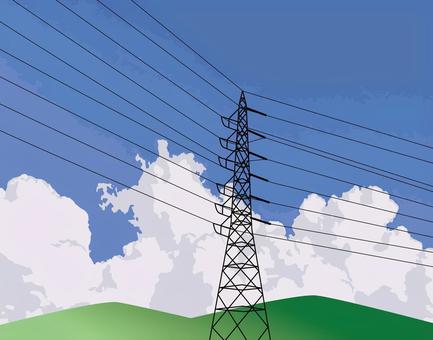 鉄塔と入道雲 鉄塔,入道雲,夏,空,鉄骨,電線,電力,インフラ,山,風景のイラスト素材