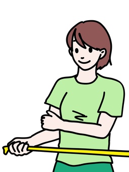 ゴムチューブを使った運動 腱板,リハビリ,ゴムバンド,エクササイズバンド,トレーニングチューブ,右腕,赤毛,緑,引っ張る,引くのイラスト素材