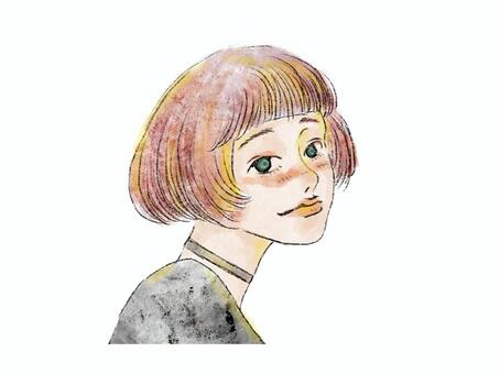 ボブヘアの女の子 線画,女の子,おしゃれ,人物,パステルカラー,くすみカラー,ボブのイラスト素材