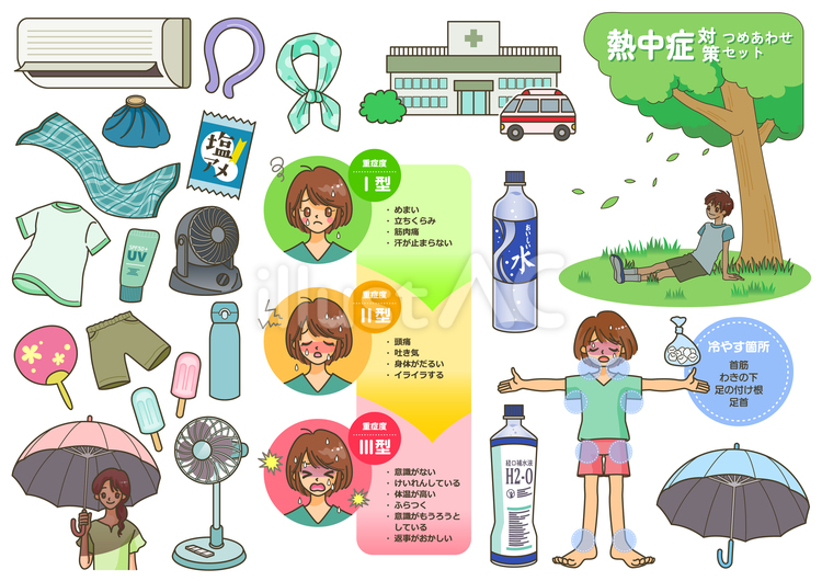 熱中症対策つめあわせセット 夏,真夏日,猛暑のイラスト素材