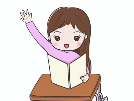 手を挙げる女の子2 子ども,小学生,小学校,授業,学校,学習,教育,勉強,挙手,手を挙げるのイラスト素材
