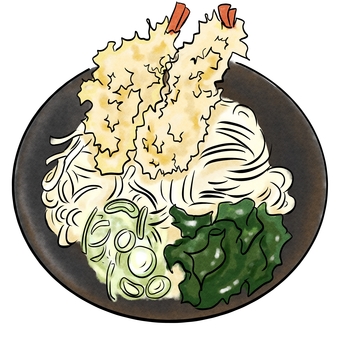 冷やし天ぷらぶっかけうどんのイラスト うどん,天ぷら,ぶっかけ,夏,summer,かわいい,手描き風,シンプル,風物詩,7月のイラスト素材