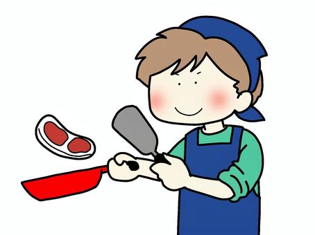 料理をする男性 料理をする男性 料理,男性,かわいい,三角巾,青,フライパン,上半身,笑顔,若い人,肉のイラスト素材