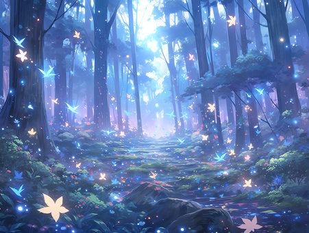 光る蝶が舞う薄明の静かな森の小径_背景画