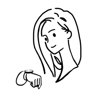 線画の時計を見て余裕のシンプル人 余裕,微笑む,打ち合わせ,スマートウォッチ,時間通り,働く,にっこり,モノクロ,線画,間に合うのイラスト素材