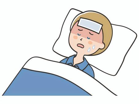 熱が出て休む白人男性 男性,外国人,熱,発熱,風邪,病気,寝込む,寝苦しい,うなされる,苦しいのイラスト素材