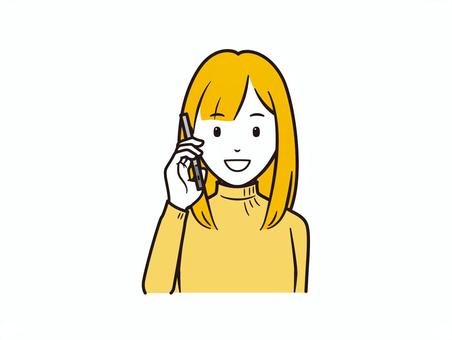 スマホで通話する笑顔のニットセーター女性 電話,スマホ,スマートフォン,携帯電話,通話,話す,ニット,セーター,カジュアル,冬服のイラスト素材