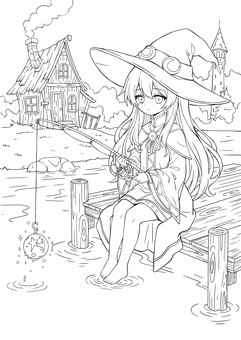 魚釣りをする女の子 人物,塗り絵,ぬり絵,ぬりえ,線画,白黒,手書き,全身,女の子,座るのイラスト素材