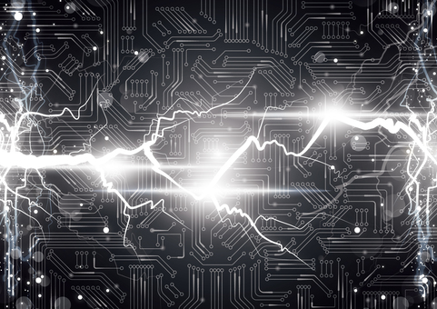 電子回路と電流のエネルギーの背景素材 デジタル,電子回路,基盤,テクノロジー,電流,稲妻,エネルギー,光,パーティクル,フレアのイラスト素材