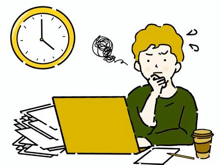 時間と仕事に追われる若い男性　書類　緑② 忙しい,働く,多忙,男性,人物,仕事,パソコン,ノートパソコン,デスクワーク,考えるのイラスト素材