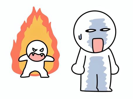 睨んでいる人に耐える棒人間 睨む,炎,耐える,棒人間,我慢,2人,嫌い,恨む,焦る,困るのイラスト素材