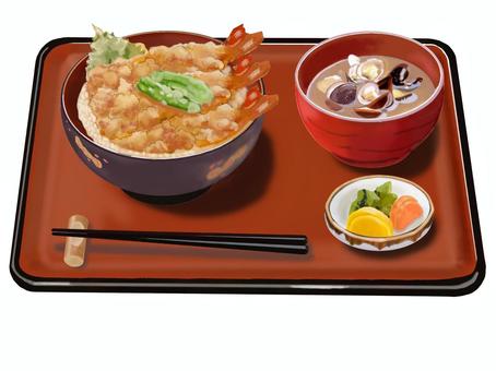 Illustration, tempura, bowl of rice and fried fish, shrimp, 
