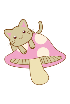 ピンクのキノコの上でブラブラする猫さん キノコ,猫,かわいい,デフォルメ,毒キノコのイラスト素材
