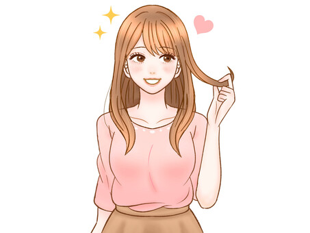 綺麗な髪の毛に喜ぶ大人女性のイラスト素材 髪の毛,ヘアケア,美容,女性,へアルタイル,ロングヘアー,髪型,ツヤ髪,茶髪,髪のイラスト素材