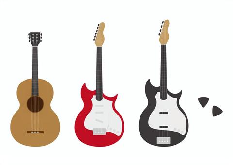 ギターとベースのイラストセット ギターとベースのイラストセット 楽器,アコースティックギター,エレキギター,ベース,ピック,イラスト,セットのイラスト素材