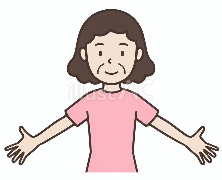 笑顔で両手を広げている中年女性 両手,広げる,受け入れるのイラスト素材